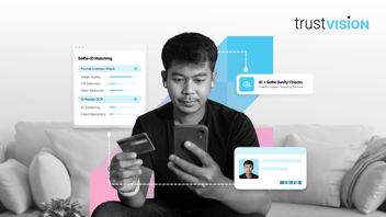 trustVISION eKYC hero: a man completing selfie-ID matching and liveness verification on his phone, with ID sanity and tampering checks