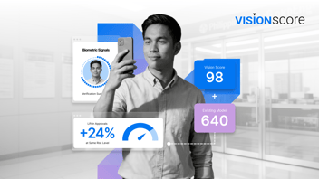 Vision Score product hero: a man completing biometric verification on his phone, showing a Vision Score of 98 lifting approvals 24% over an existing model