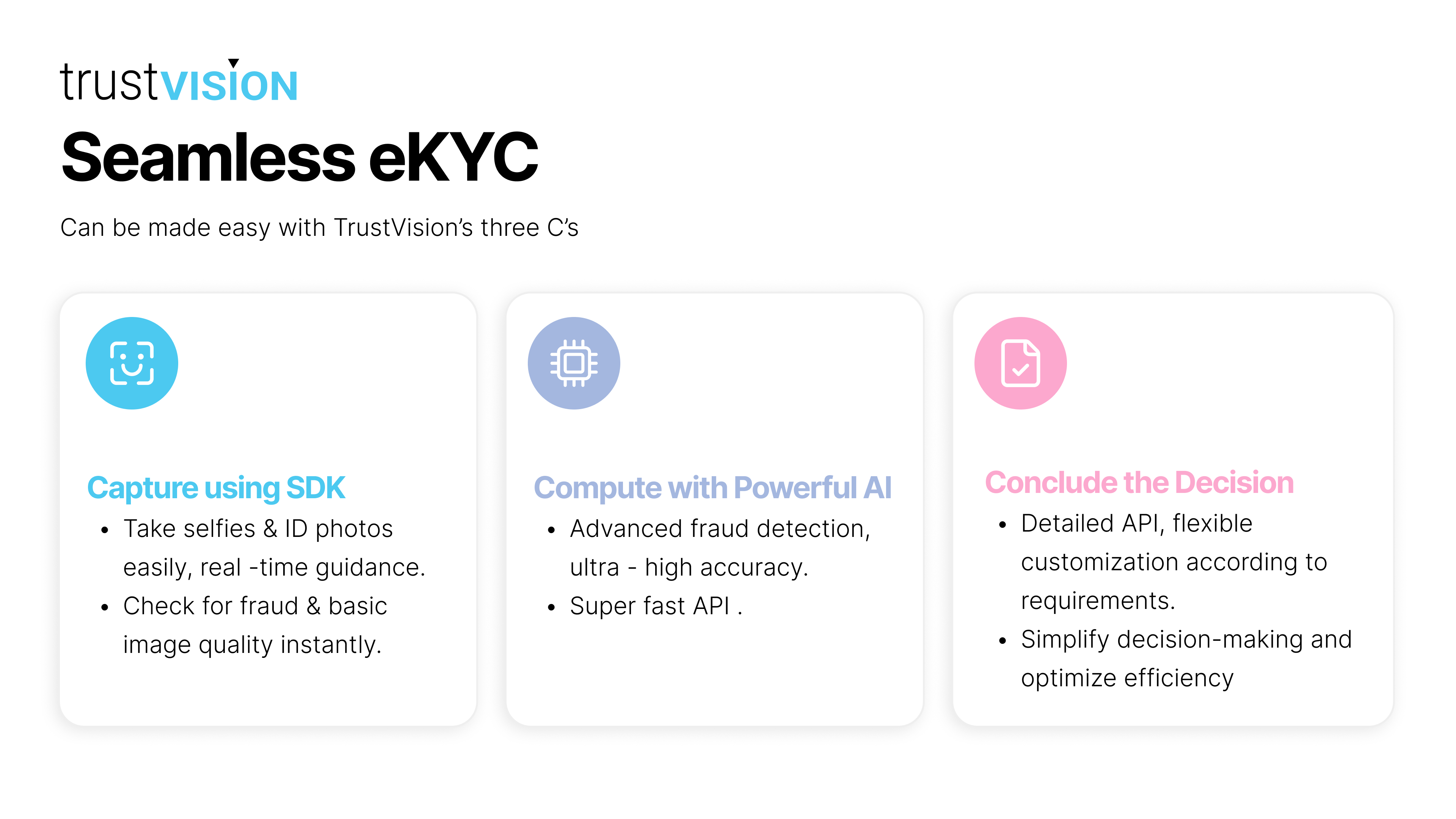 TrustVision's three C's of seamless eKYC — capture using SDK, compute with AI fraud detection, and conclude the decision via API