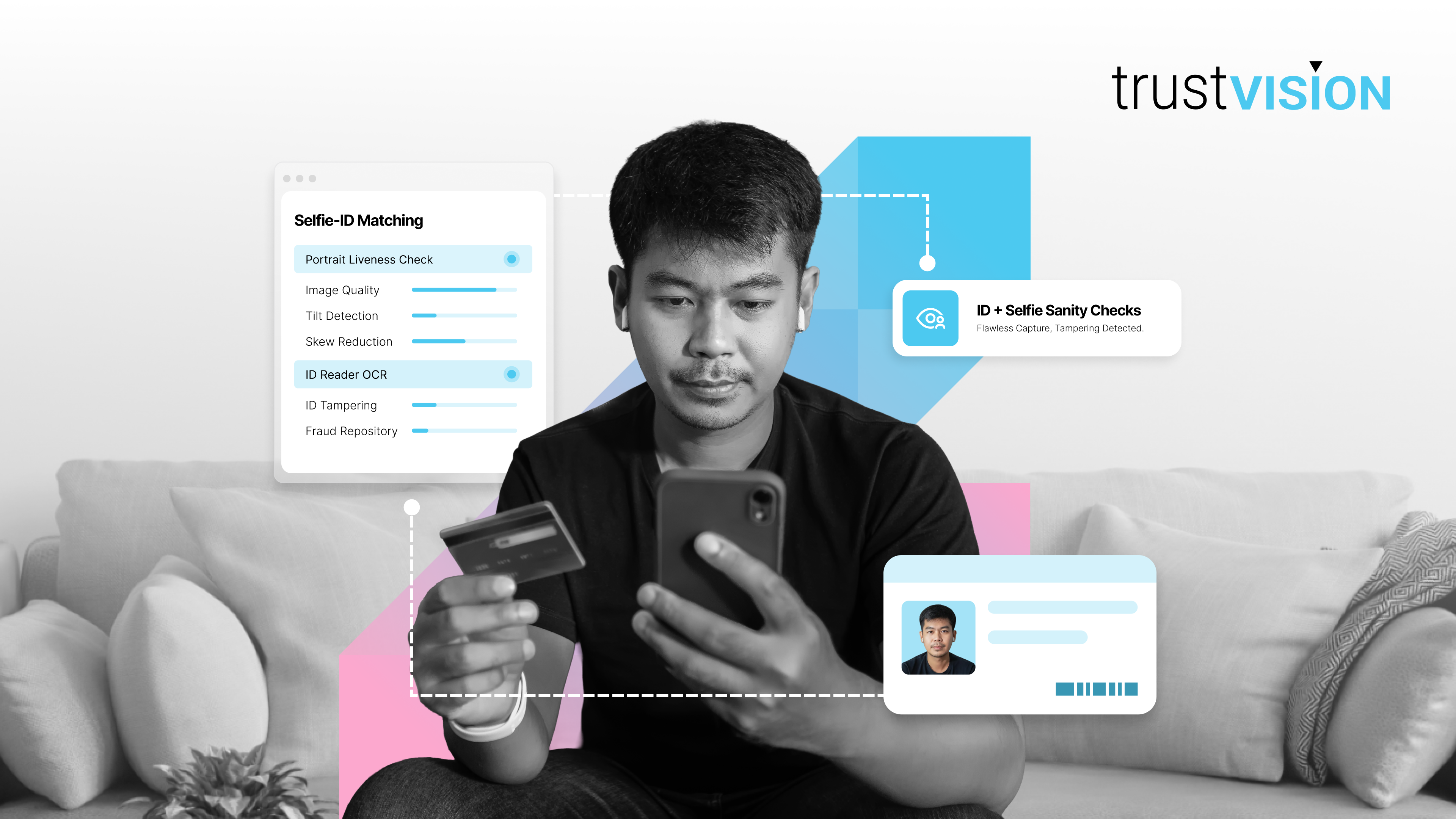 trustVISION eKYC hero: a man completing selfie-ID matching and liveness verification on his phone, with ID sanity and tampering checks
