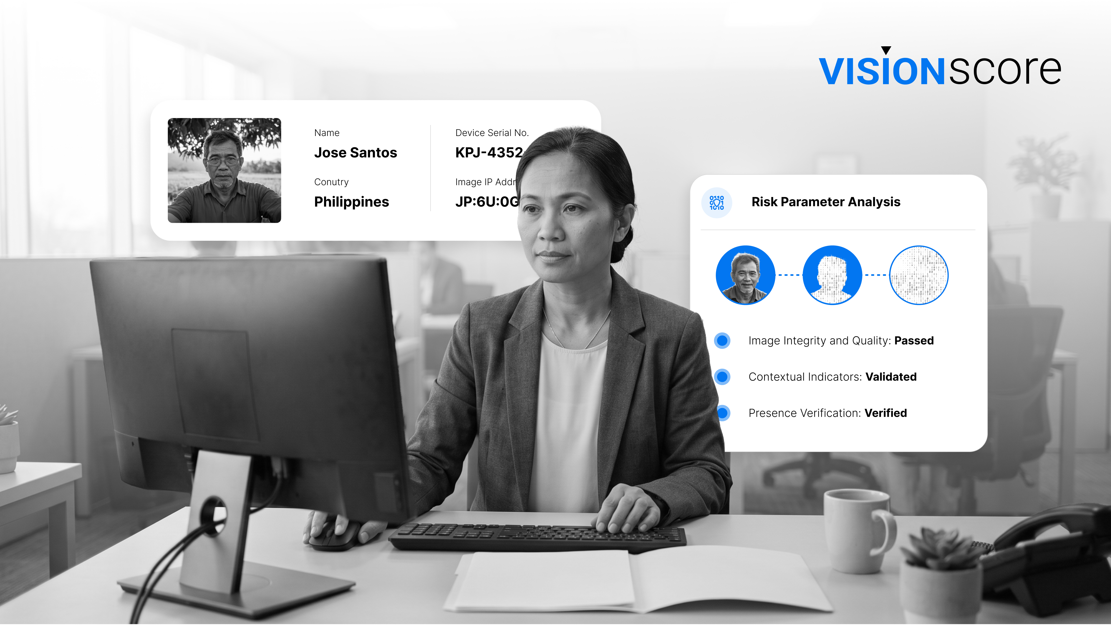 Loan officer reviewing a borrower profile in Vision Score, showing passed image integrity and presence verification checks.